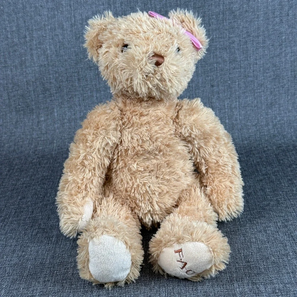 FAO Schwarz Teddy Bear Tan Shaggy Plush Pink Bow Embroidered Paw 15 Inch